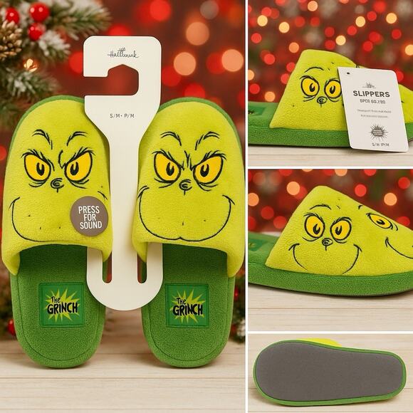 Hallmark Grinch Slippers With Sound S/M Dr. Seuss Christmas Adult Green Sound - Picture 1 of 5